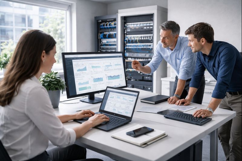 Equipo empresarial utilizando sistemas tecnológicos